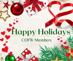 Graphic of ornaments, some presents, and "Happy Holidays COFW Members"